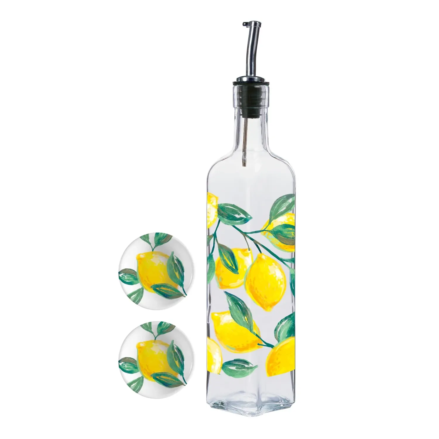 Plow & Hearth Serveware>Coastal Citrus Glass Oil Bottle with Ceramic Dip Dish Set