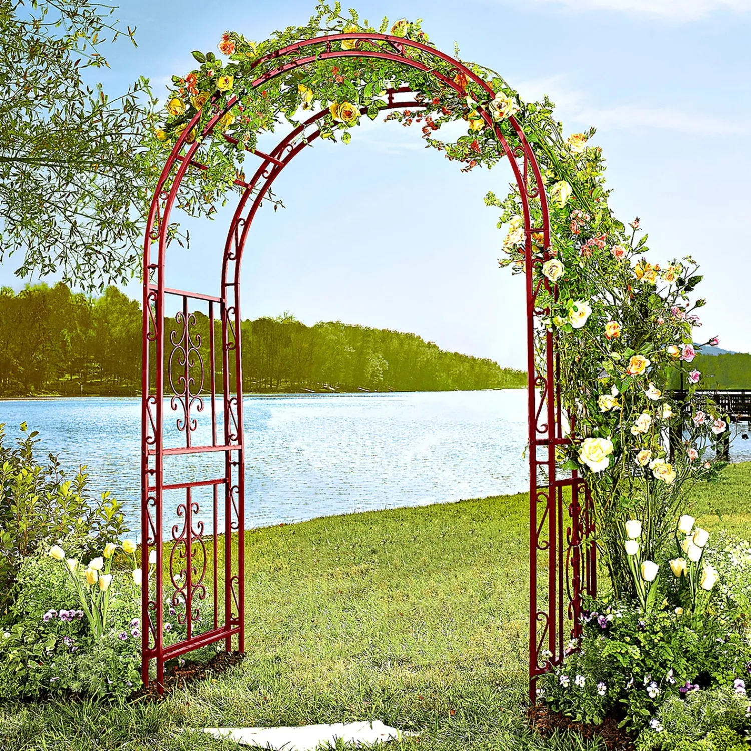 Plow & Hearth Arbors & Trellises>Colored Montebello Scrollwork Metal Garden Arbor, Americana Red