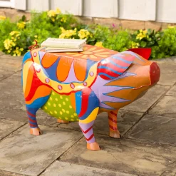 Plow & Hearth Accent Tables|Outdoor Side Tables>Colorful Folk Art Pig Side Table