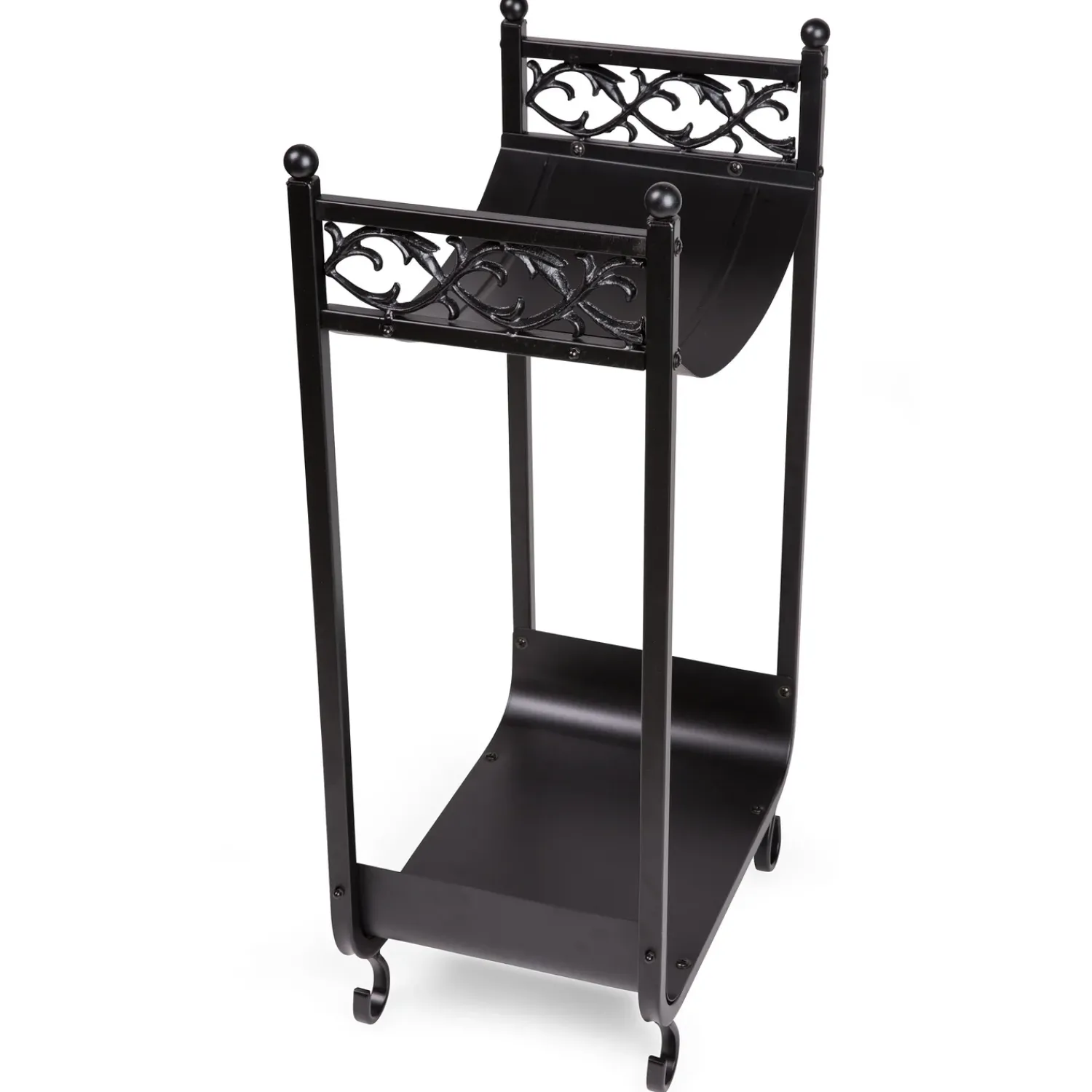 Plow & Hearth Fireplace Tool Sets|Wood Storage & Wood Racks>Compact Log Rack, Cast Iron with Scrollwork Design Black