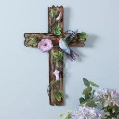 Plow & Hearth Memorial & Garden Plaques|Wall Art>Cross with Flowers & Hummingbird Wall Décor, 12" L x 20" H