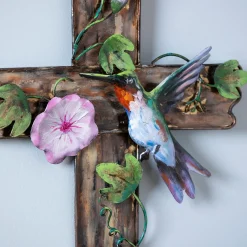 Plow & Hearth Memorial & Garden Plaques|Wall Art>Cross with Flowers & Hummingbird Wall Décor, 12" L x 20" H