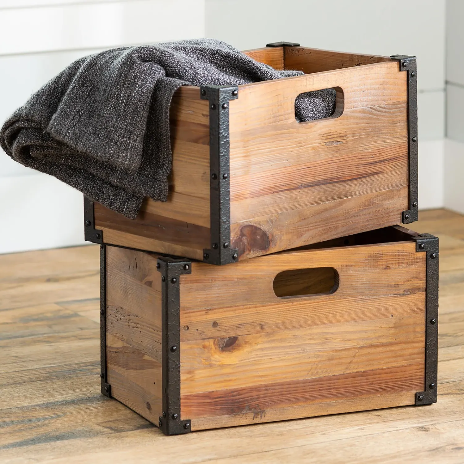 Plow & Hearth Chests & Storage Cabinets|Canisters & Storage>Deep Creek Rustic Wood Storage Crates, Set of 2
