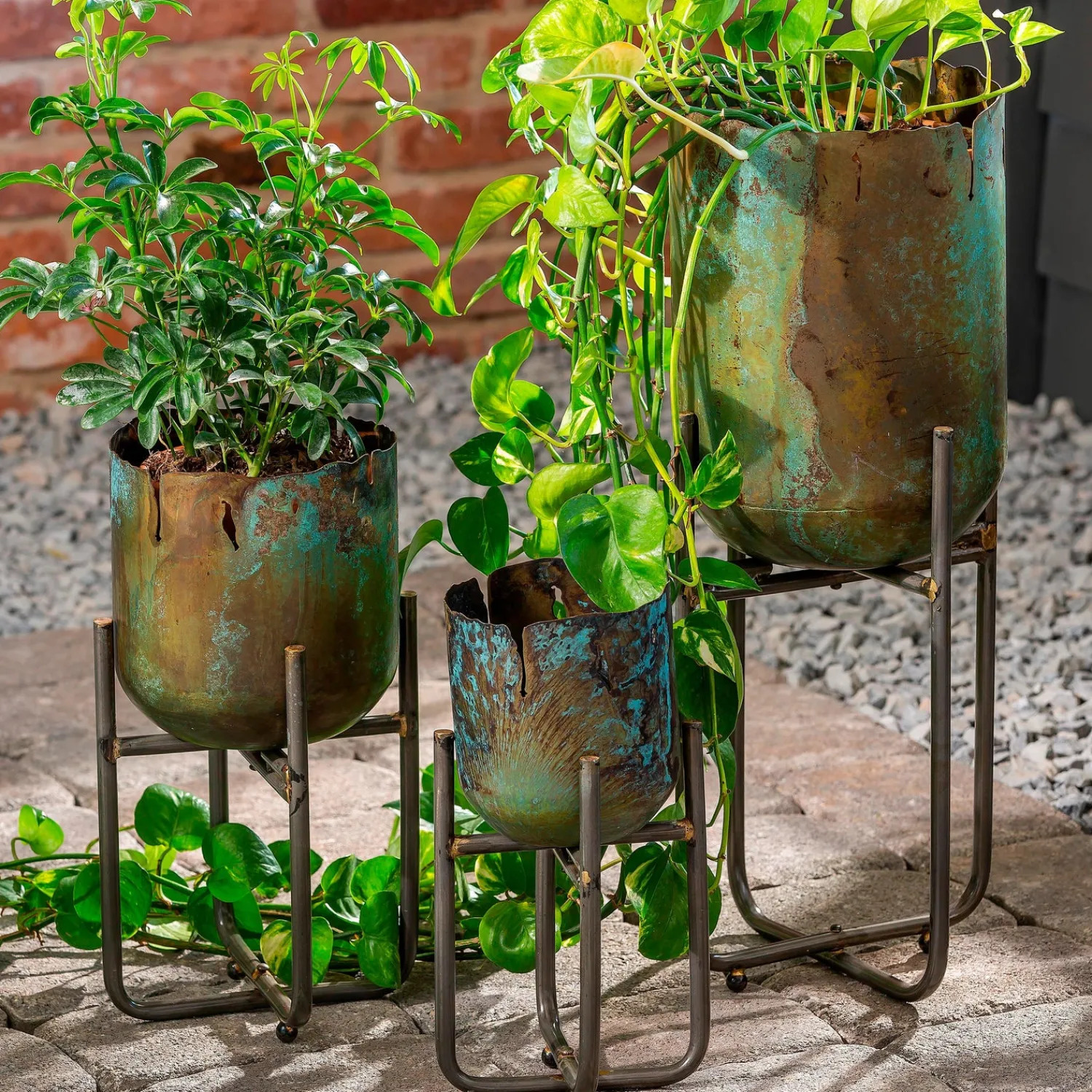 Plow & Hearth Planters & Plant Stands>Distressed Metal Planters in Verdigris Finish, Set of 3