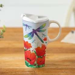 Plow & Hearth Travel Cups>Dragonfly and Poppies Ceramic Perfect Cup, 17oz, Gift Box