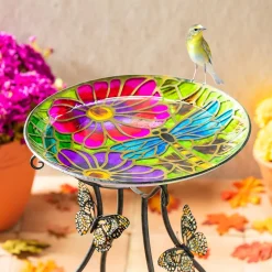 Plow & Hearth Birdbaths>Dragonfly Hand Painted Glass Bird Bath, 18"