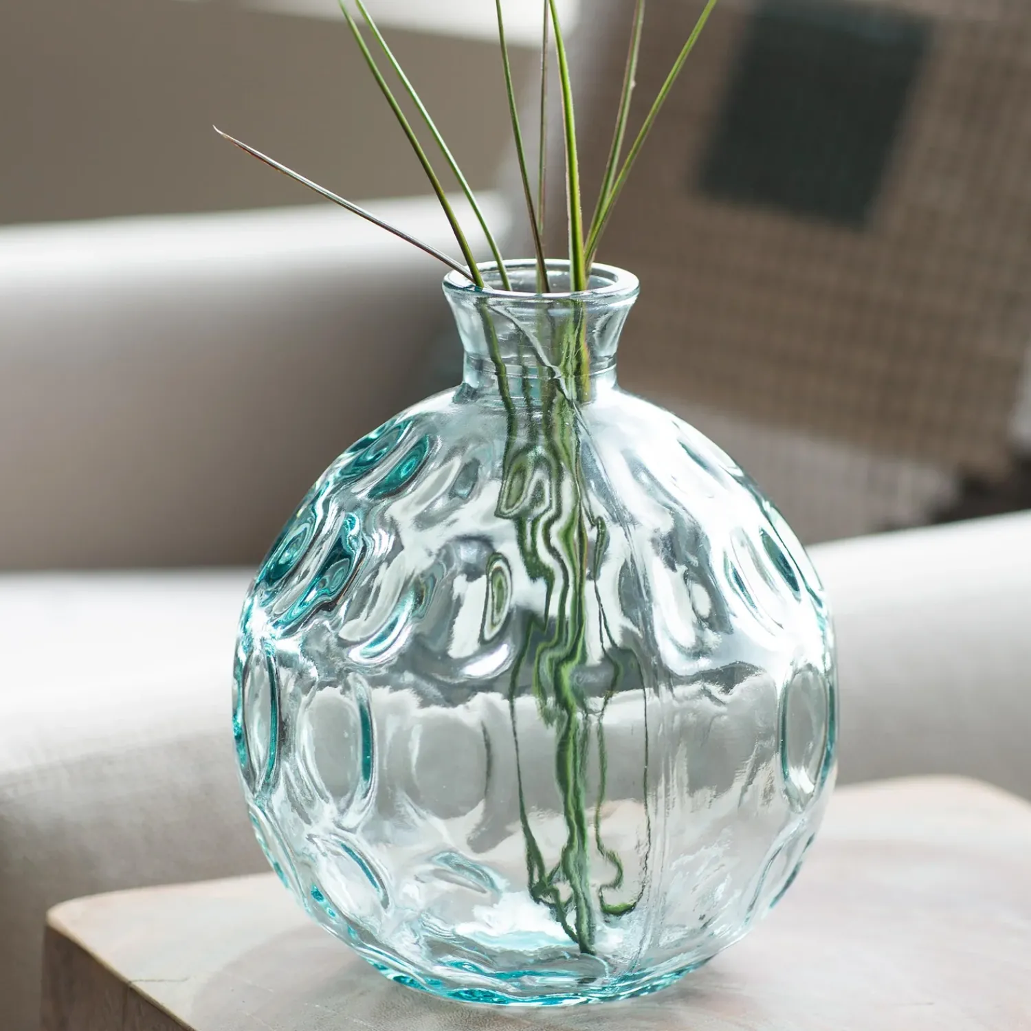 Plow & Hearth Planters & Vases>Dune Round Recycled Dimpled Glass Vase, 7.5"H