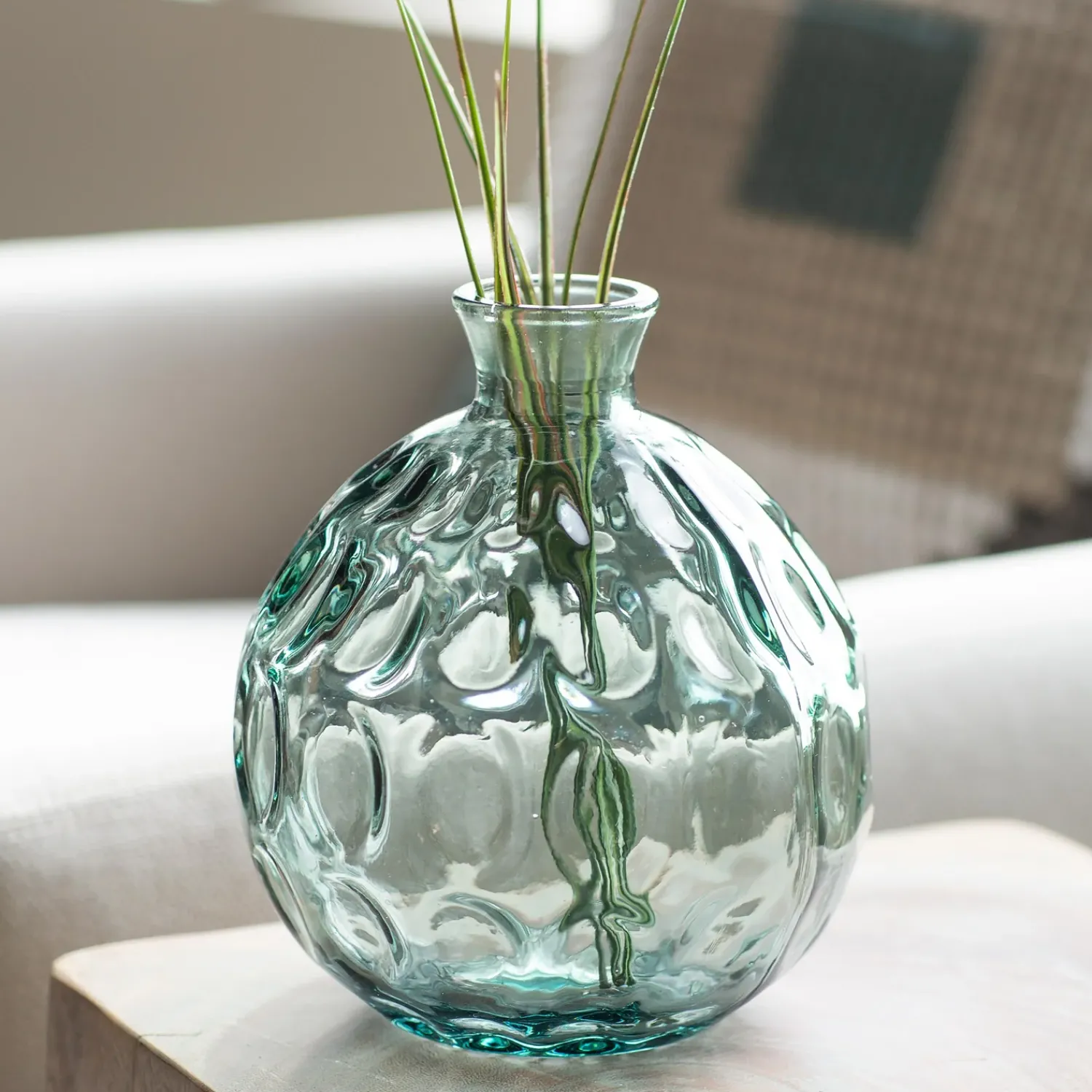 Plow & Hearth Planters & Vases>Dune Round Recycled Dimpled Glass Vase, 7.5"H