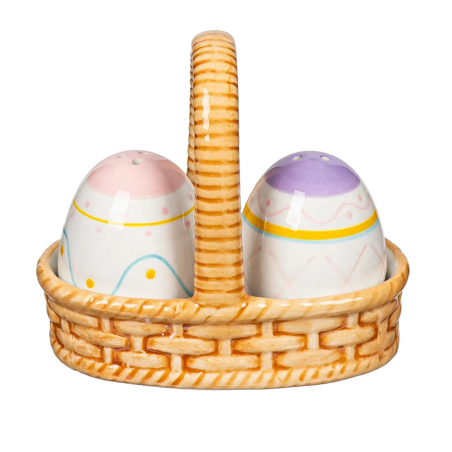 Plow & Hearth Salt & Pepper Shakers>Easter Eggs in Basket Ceramic Salt and Pepper Set
