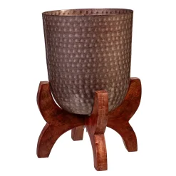 Plow & Hearth Planters & Plant Stands>Embossed Metal Planter with Wood Stand, 9"H