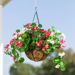 Plow & Hearth Planters & Plant Stands|Faux Flowers & Plants>Everlasting Faux Red and White Geranium Hanging Basket