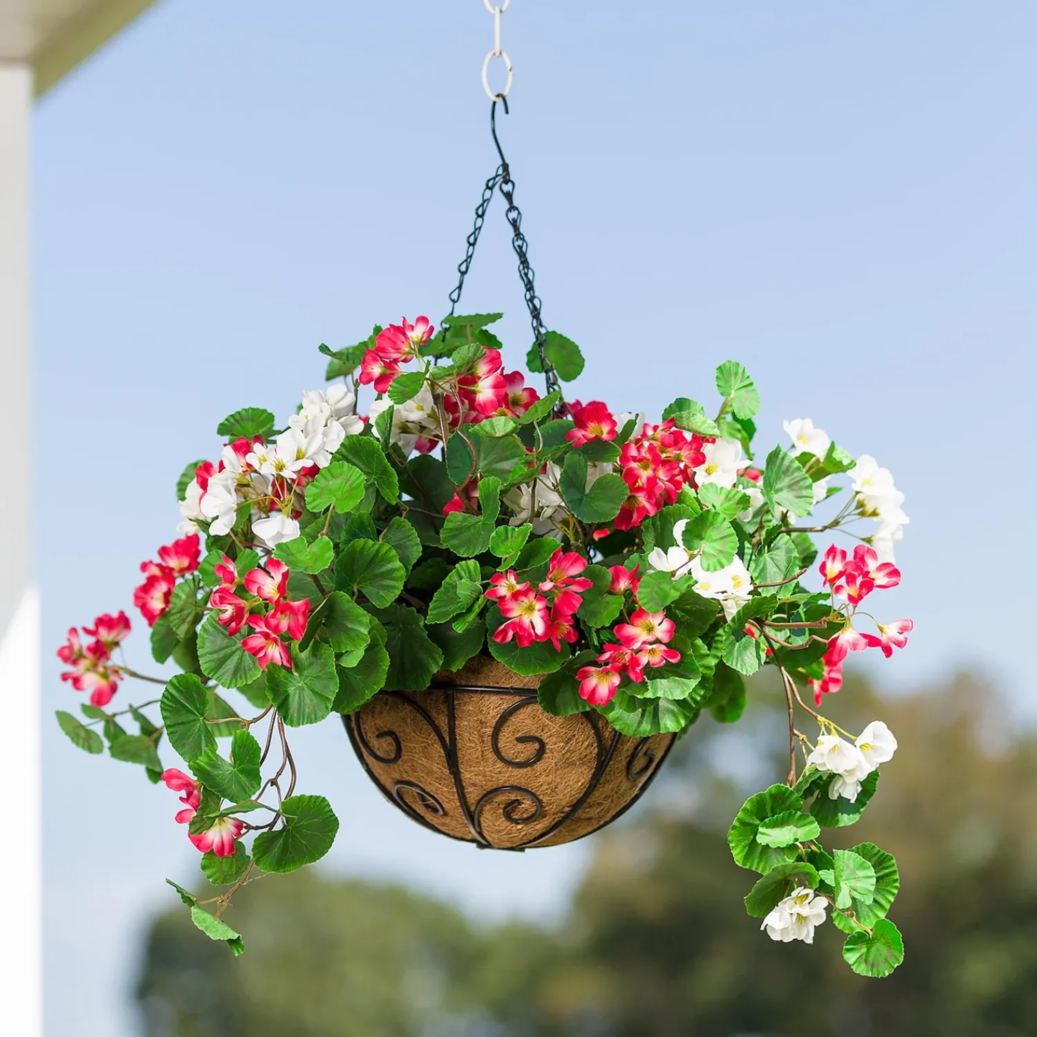 Plow & Hearth Planters & Plant Stands|Faux Flowers & Plants>Everlasting Faux Red and White Geranium Hanging Basket