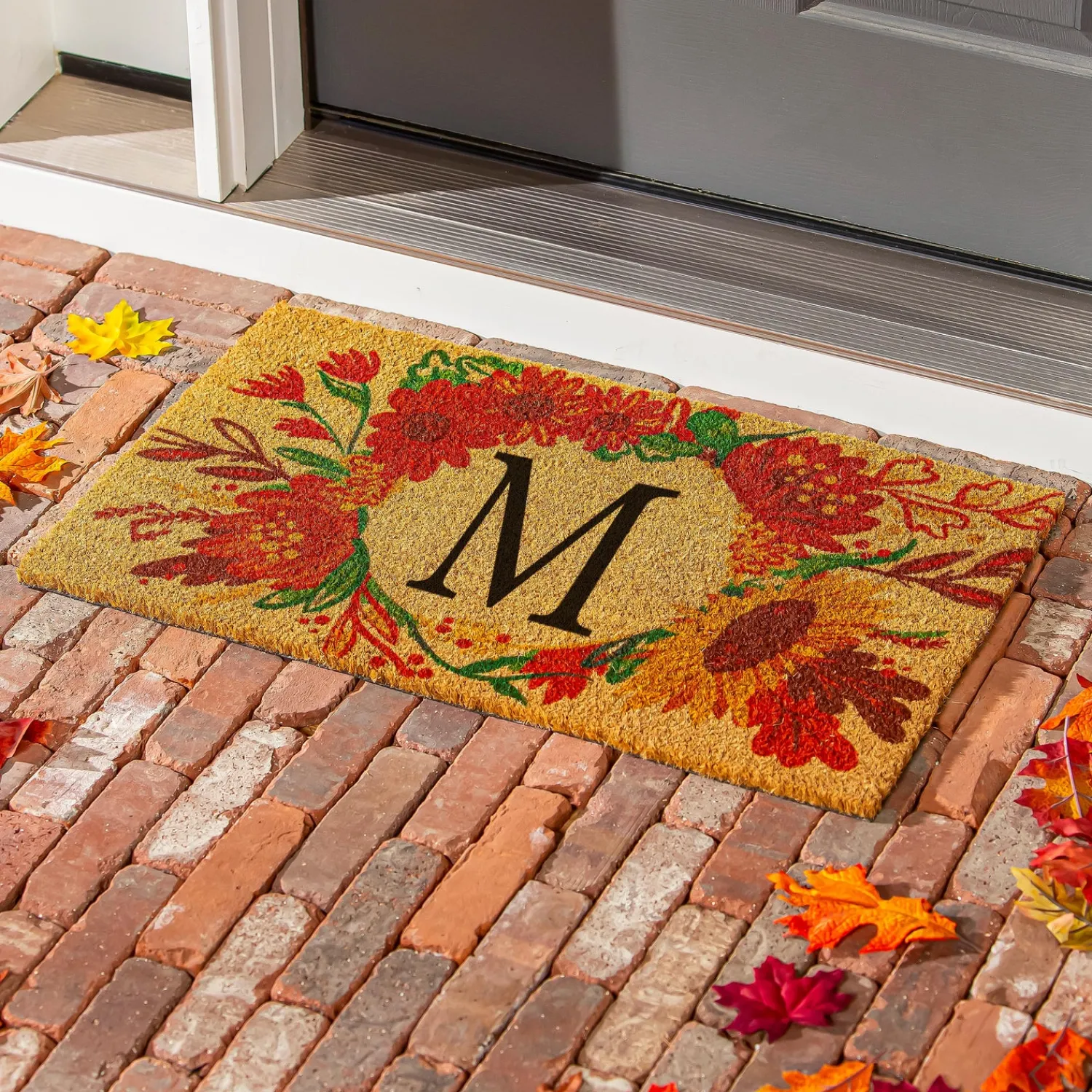 Plow & Hearth Coir Mats>Fall Flowers Monogram Coir Mat