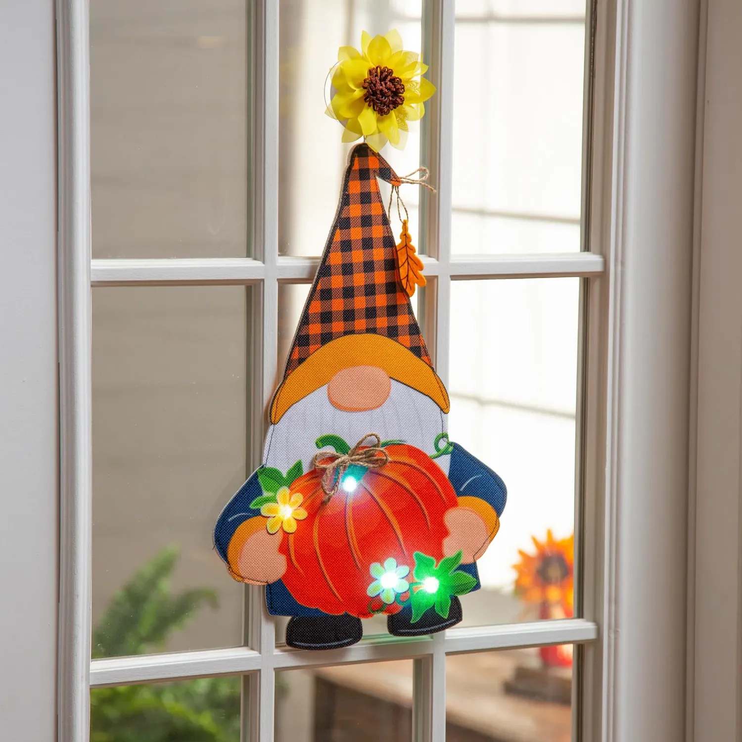 Plow & Hearth Fabric Door Hangers>Fall Gnome with Pumpkin Lighted Window Décor