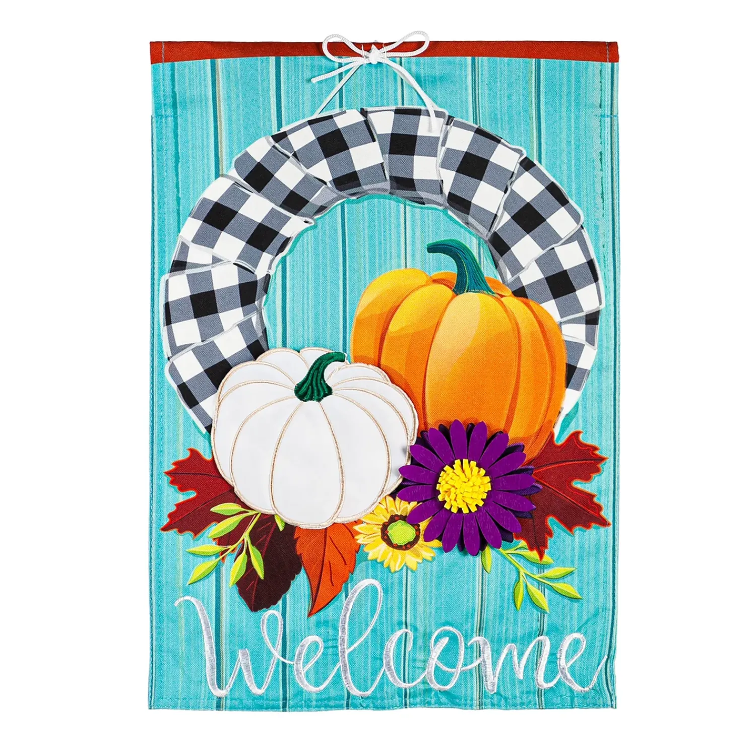 Plow & Hearth Garden Flags>Fall Wreath and Buffalo Check Linen Garden Flag