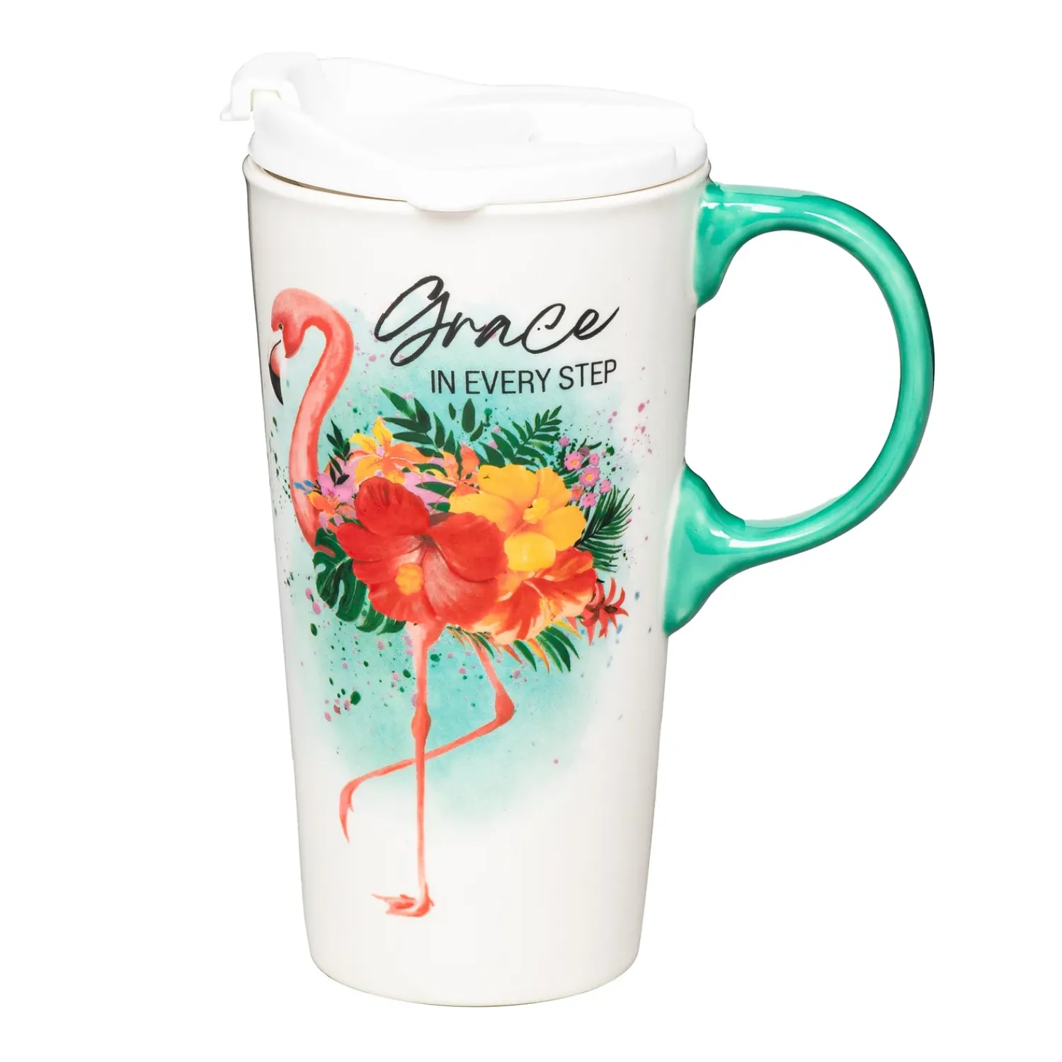 Plow & Hearth Travel Cups>Flamingo Coastal Ceramic Perfect Cup, 17oz, Gift Box