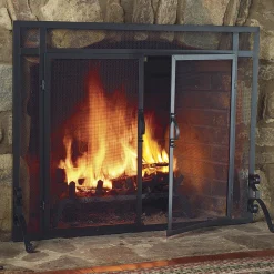 Plow & Hearth Fireplace Screens With Doors>Flat Guard Fire Screens With Doors in Solid Steel, 44"W x 33"H