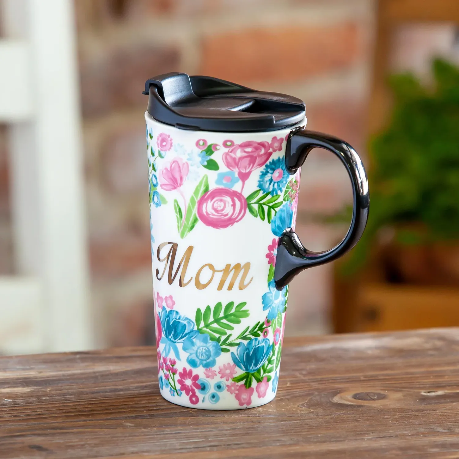 Plow & Hearth Travel Cups>Floral 17 oz. Ceramic Travel Cup in Gift Box