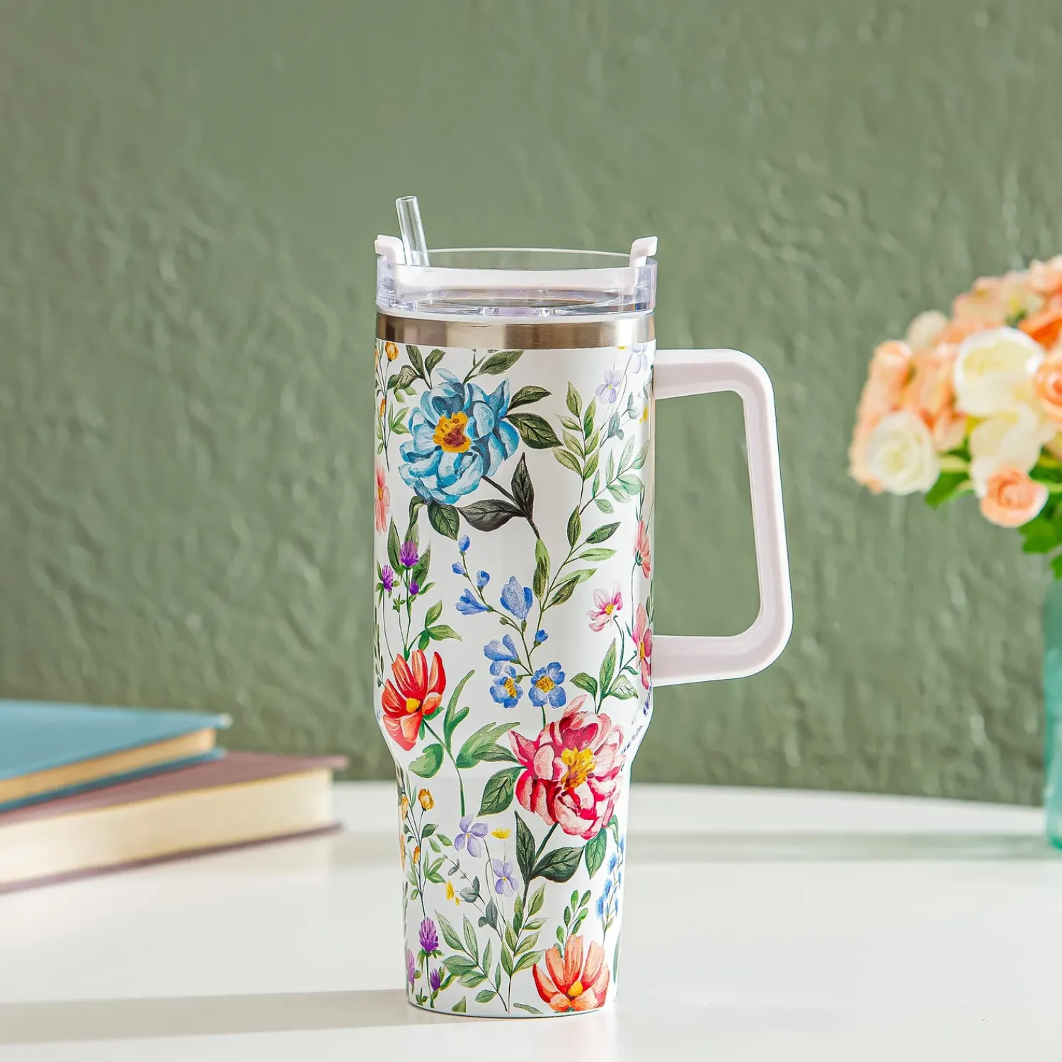 Plow & Hearth Travel Cups>Floral Spray Canyon Cup, Double Wall Stainless Steel w/ Straw, 40oz, Gift Box