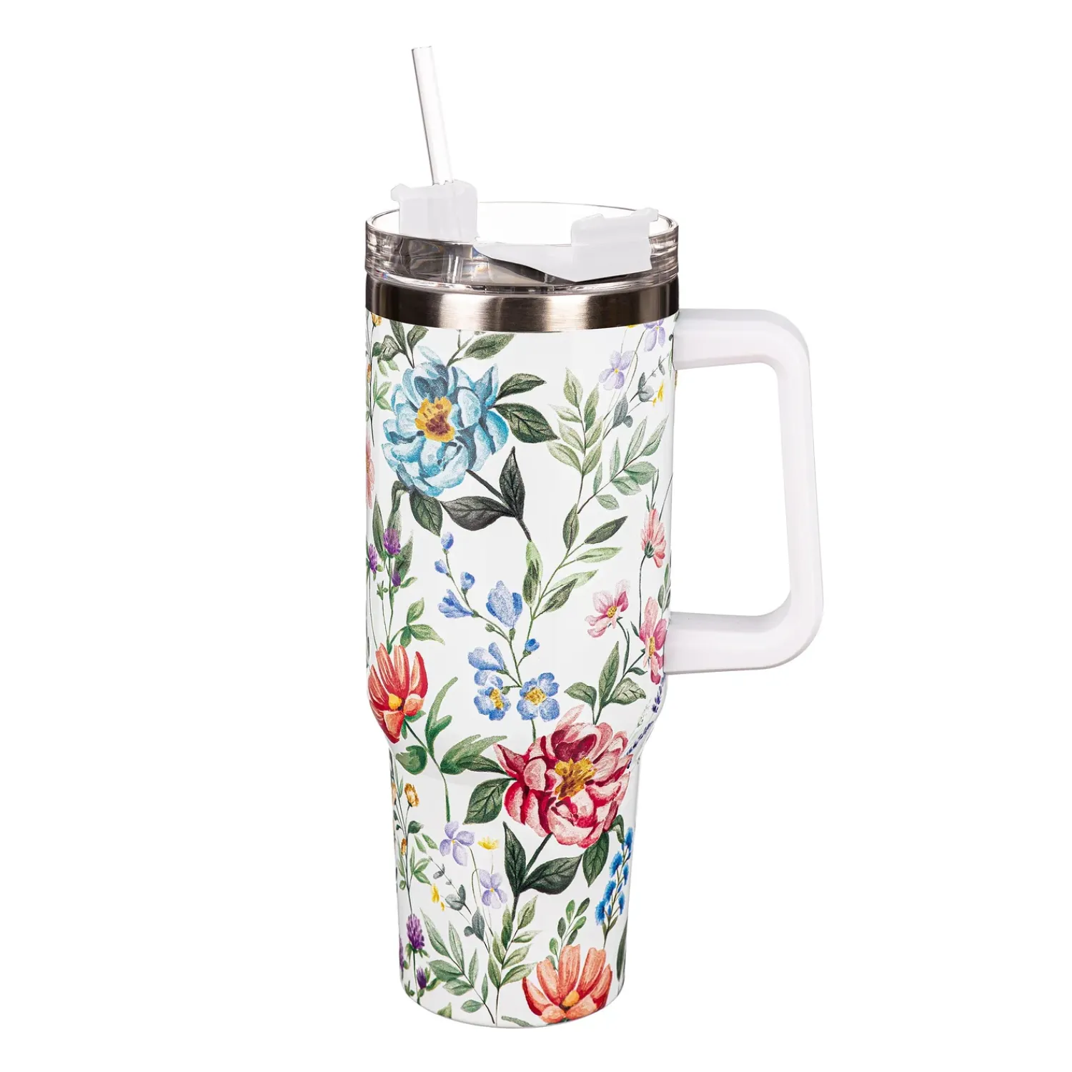 Plow & Hearth Travel Cups>Floral Spray Canyon Cup, Double Wall Stainless Steel w/ Straw, 40oz, Gift Box