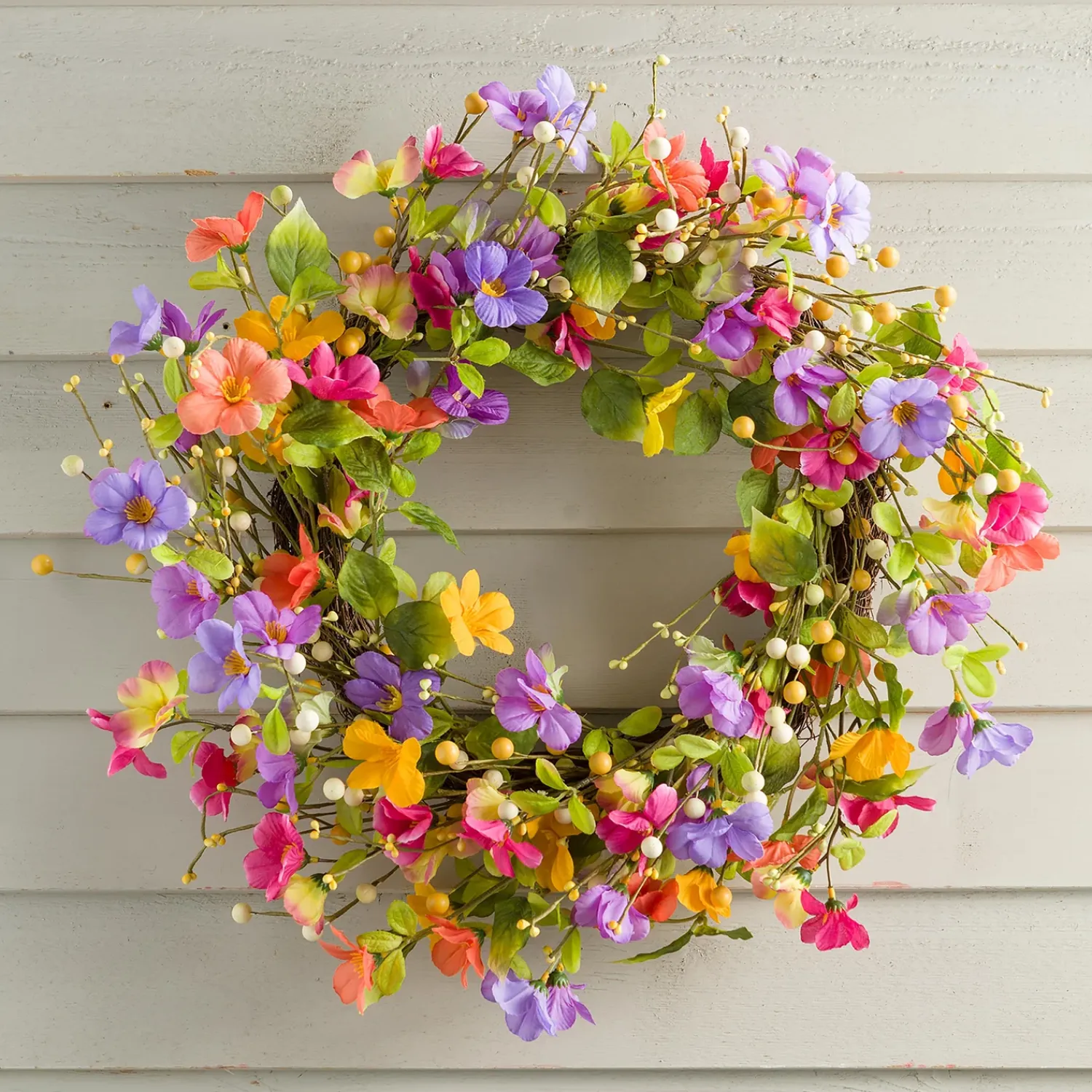 Plow & Hearth Wreaths|Faux Flowers & Plants>Floral Watercolor Wreath with Faux Pansies and Violets