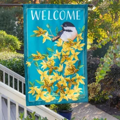 Plow & Hearth House & Estate Flags>Forsythia and Chickadee Welcome Estate Flag
