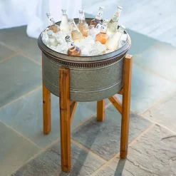 Plow & Hearth Planters & Plant Stands>Galvanized Planters with Wooden Stands, Set of 3