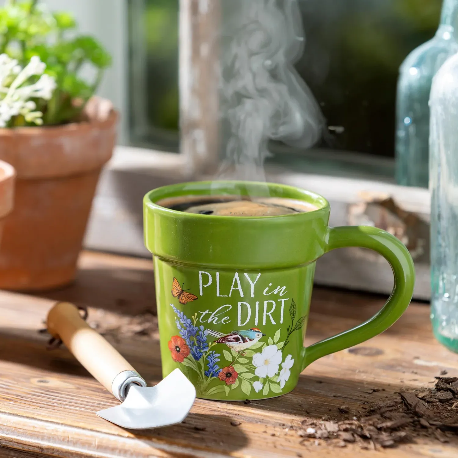 Plow & Hearth Coffee & Tea Cups>Garden Pot Sculpted Ceramic Cup and Hand Shovel Giftset, 12oz, Gift Box