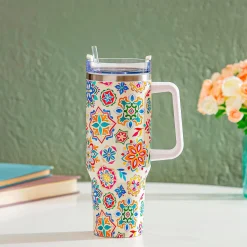 Plow & Hearth Travel Cups>Geometric Tapestry Canyon Cup, Double Wall Stainless Steel w/ Straw, 40oz, Gift Box