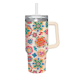 Plow & Hearth Travel Cups>Geometric Tapestry Canyon Cup, Double Wall Stainless Steel w/ Straw, 40oz, Gift Box