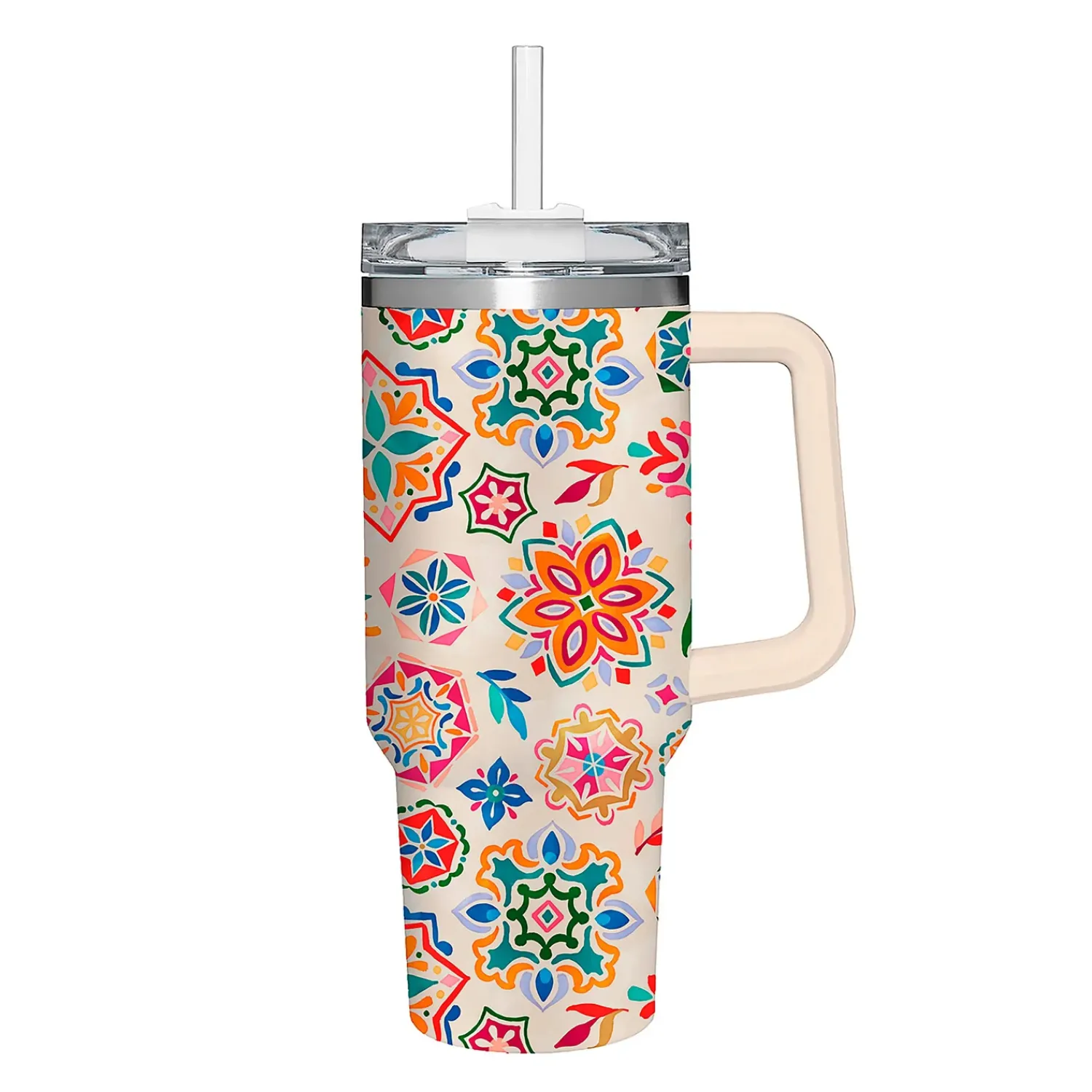 Plow & Hearth Travel Cups>Geometric Tapestry Canyon Cup, Double Wall Stainless Steel w/ Straw, 40oz, Gift Box