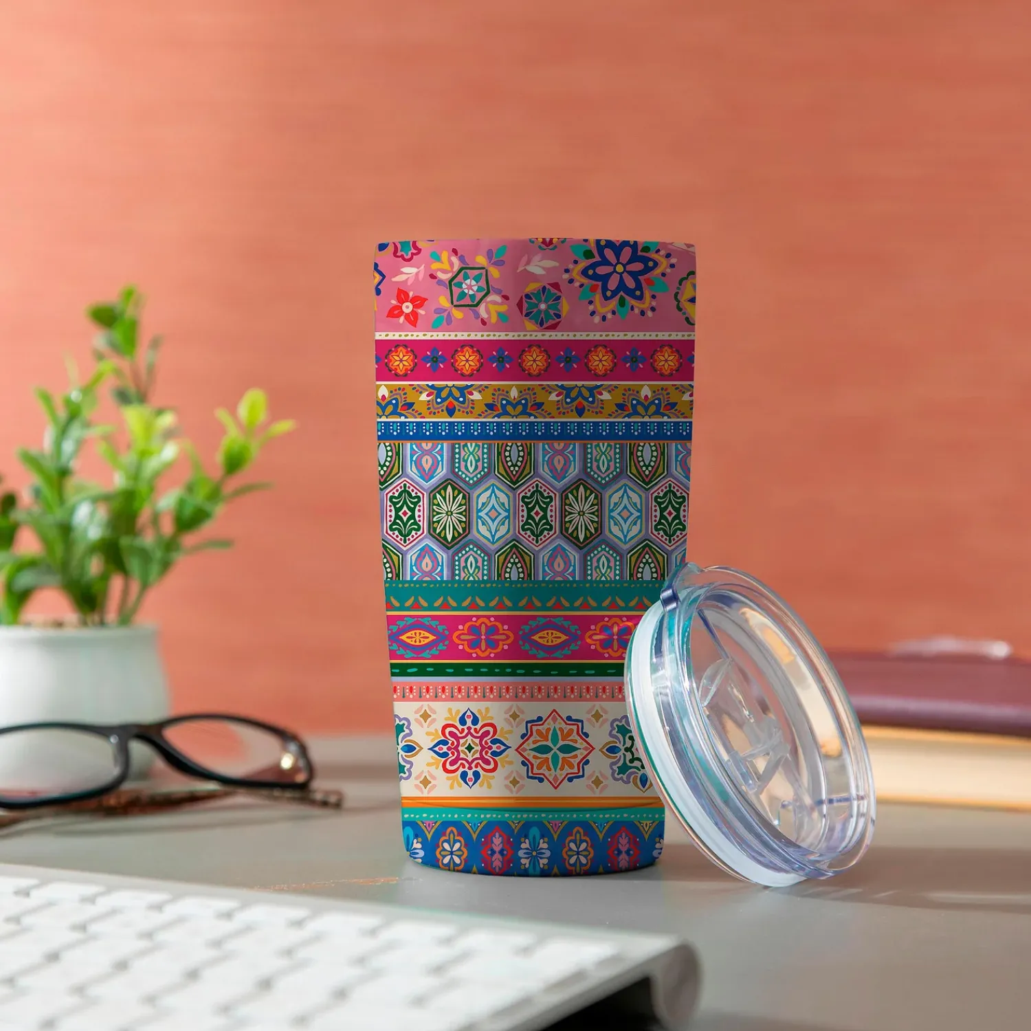 Plow & Hearth Travel Cups>Geometric Tapestry Stripes Double Wall Stainless Steel Tumbler, 20oz, Gift Box