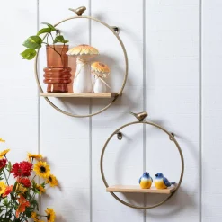 Plow & Hearth Bookshelves & Wall Shelves>Gold Circle Wall Shelf with Bird, Set of 2