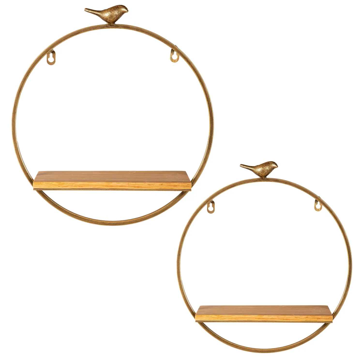 Plow & Hearth Bookshelves & Wall Shelves>Gold Circle Wall Shelf with Bird, Set of 2