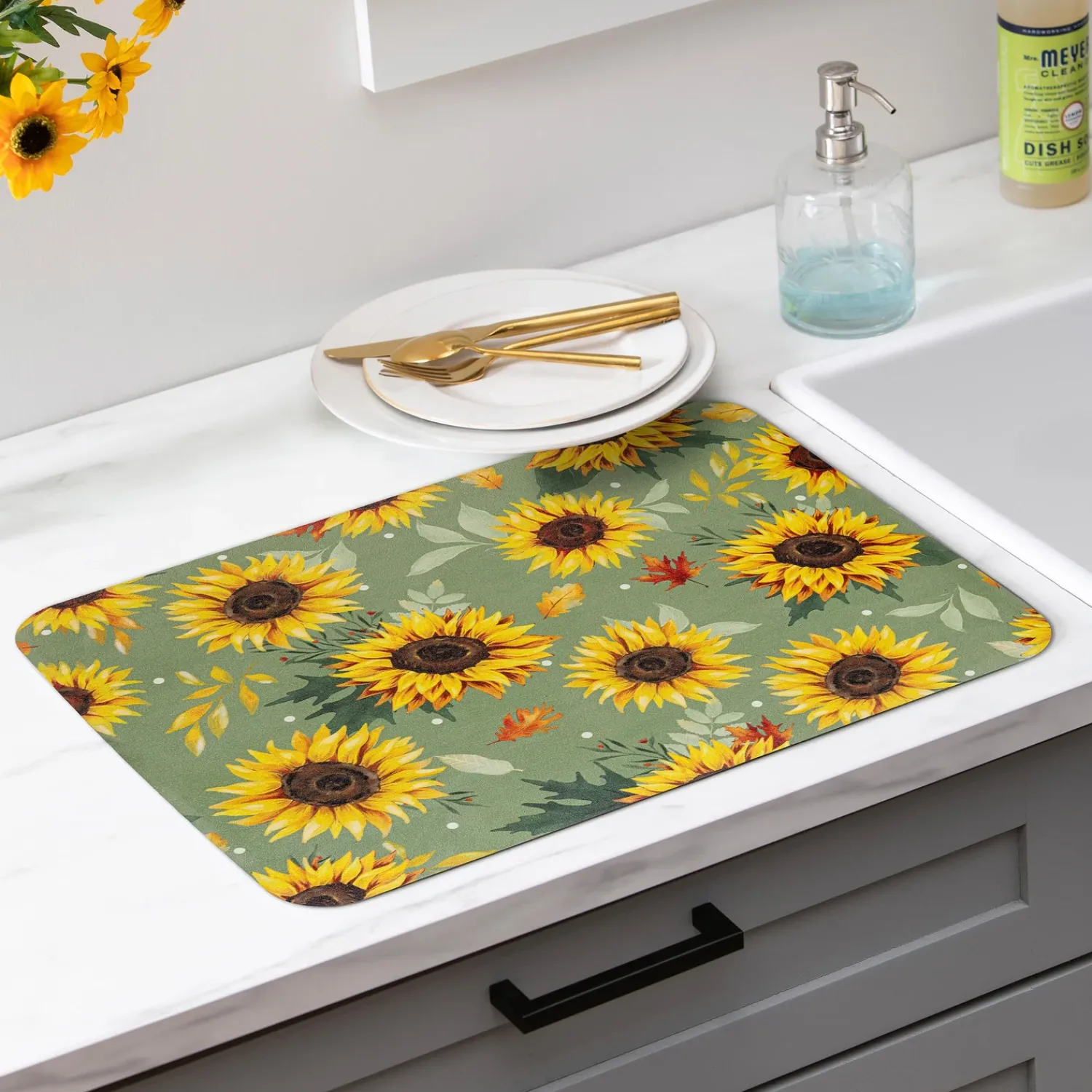 Plow & Hearth Kitchen Linens|Cleaning Supplies>Grateful Gatherings Sunflower Fabric Dish Drying Mat, 20" x 15"