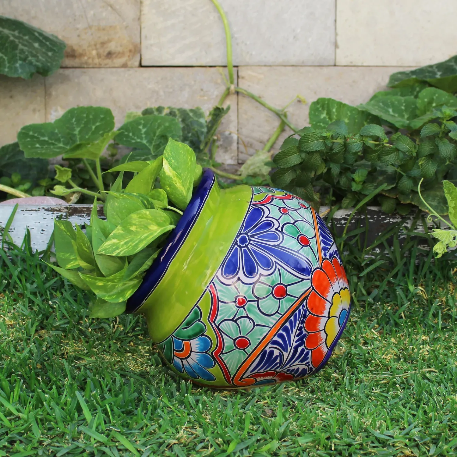 Plow & Hearth Planters & Plant Stands>Green Talavera Tilted Chata Planter, Extra Large