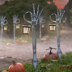 Plow & Hearth Solar Accents|Garden Stakes>Halloween Skeleton Arm Metal Stakes with Solar Lanterns, Set of 2