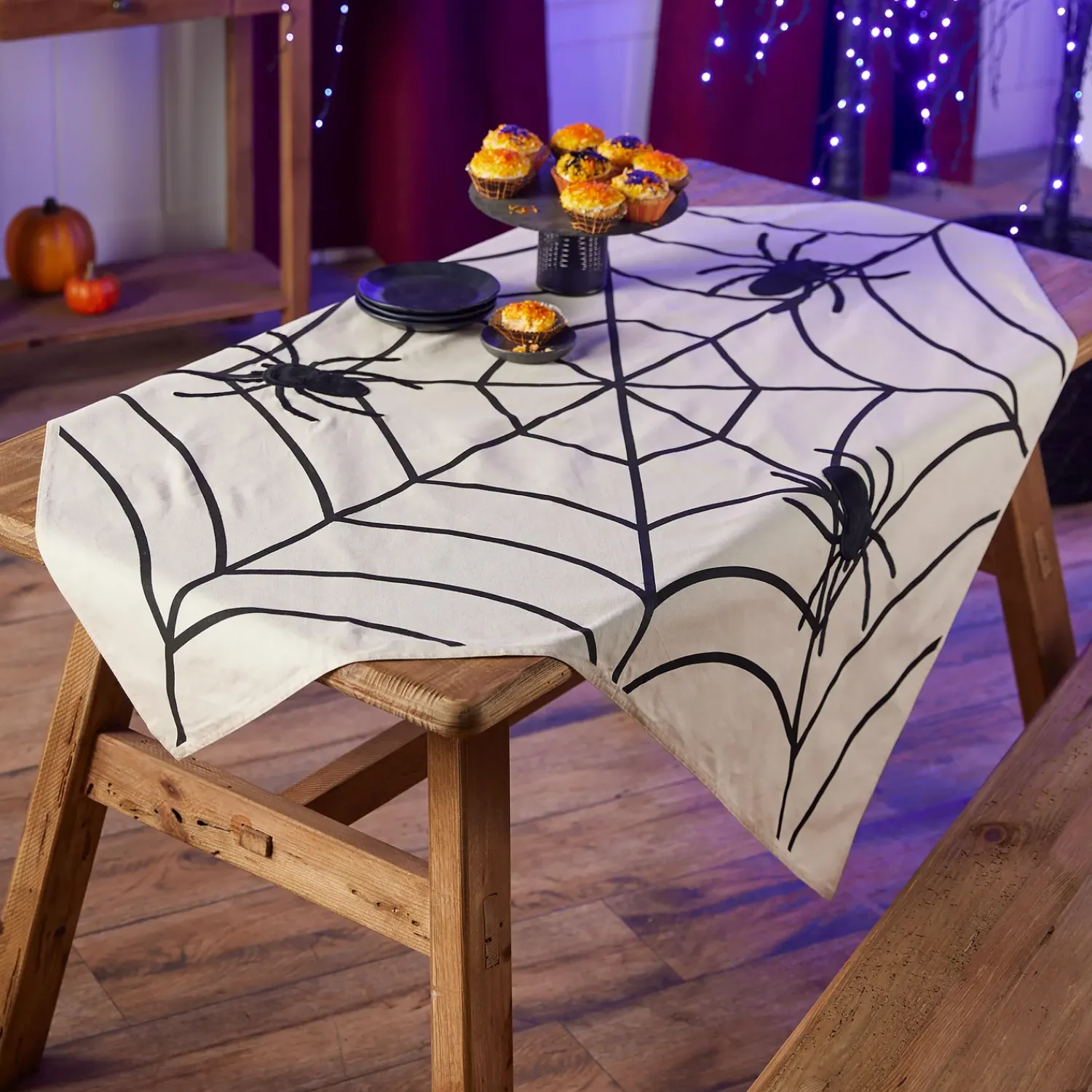 Plow & Hearth Kitchen Linens>Halloween Spooky Spiderweb Table Throw