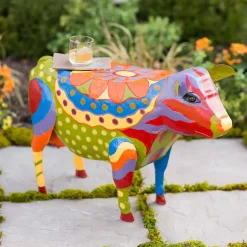 Plow & Hearth Accent Tables|Outdoor Side Tables>Handmade Colorful Painted Folk Art Cow Metal Side Table