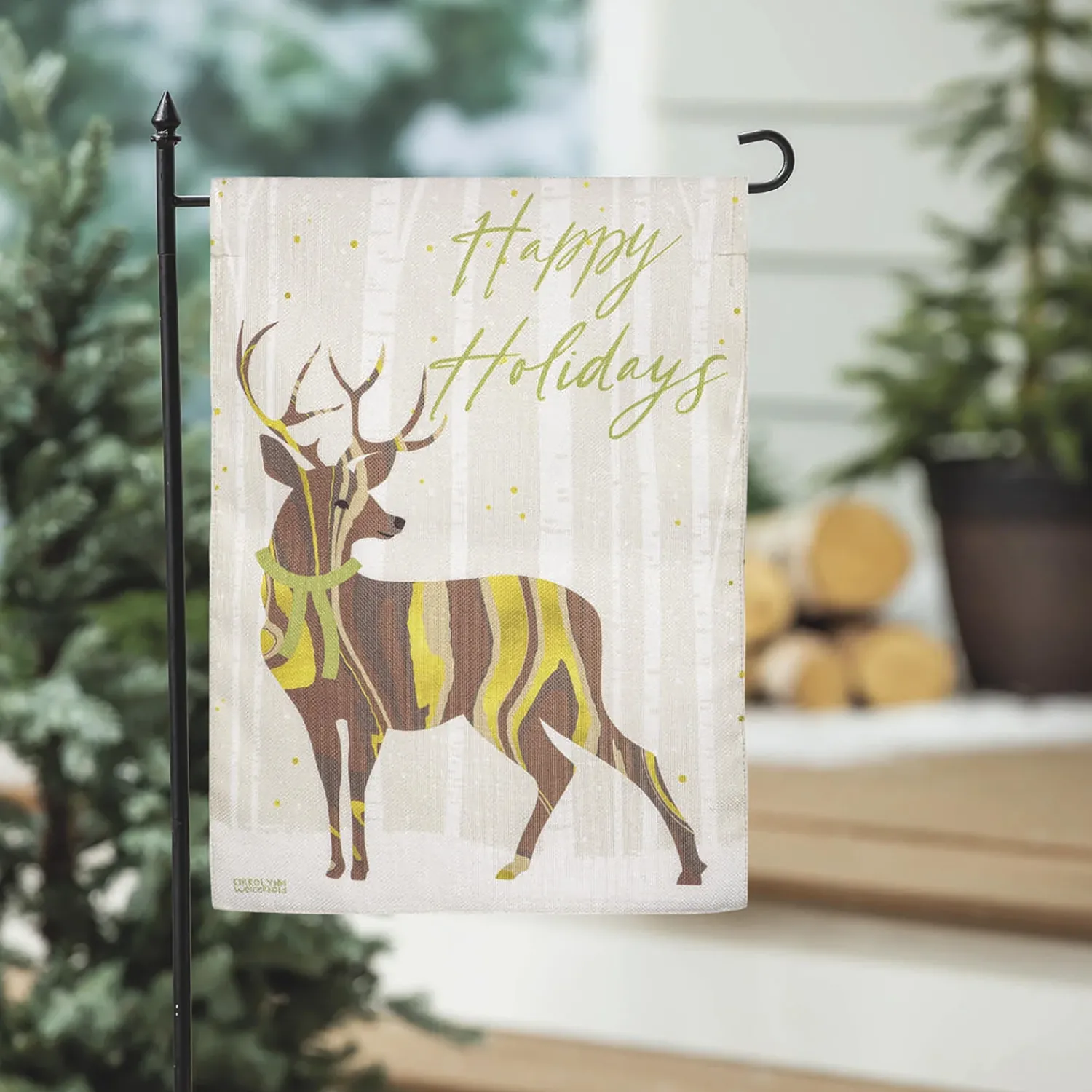 Plow & Hearth Garden Flags>Happy Holidays Deer Burlap Garden Flag