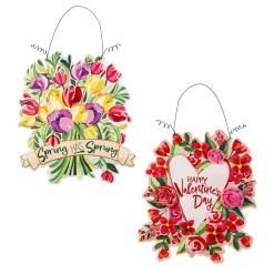 Plow & Hearth Fabric Door Hangers>Happy Valentine's Day Floral Wreath/ Spring has Sprung Double Sided Estate Door Décor