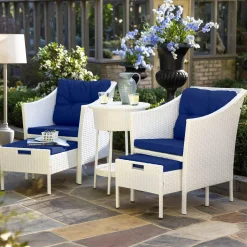 Plow & Hearth Outdoor Seating Sets>Harbor Moon Chat Set with Hideaway Ottomans and Cooler Table White