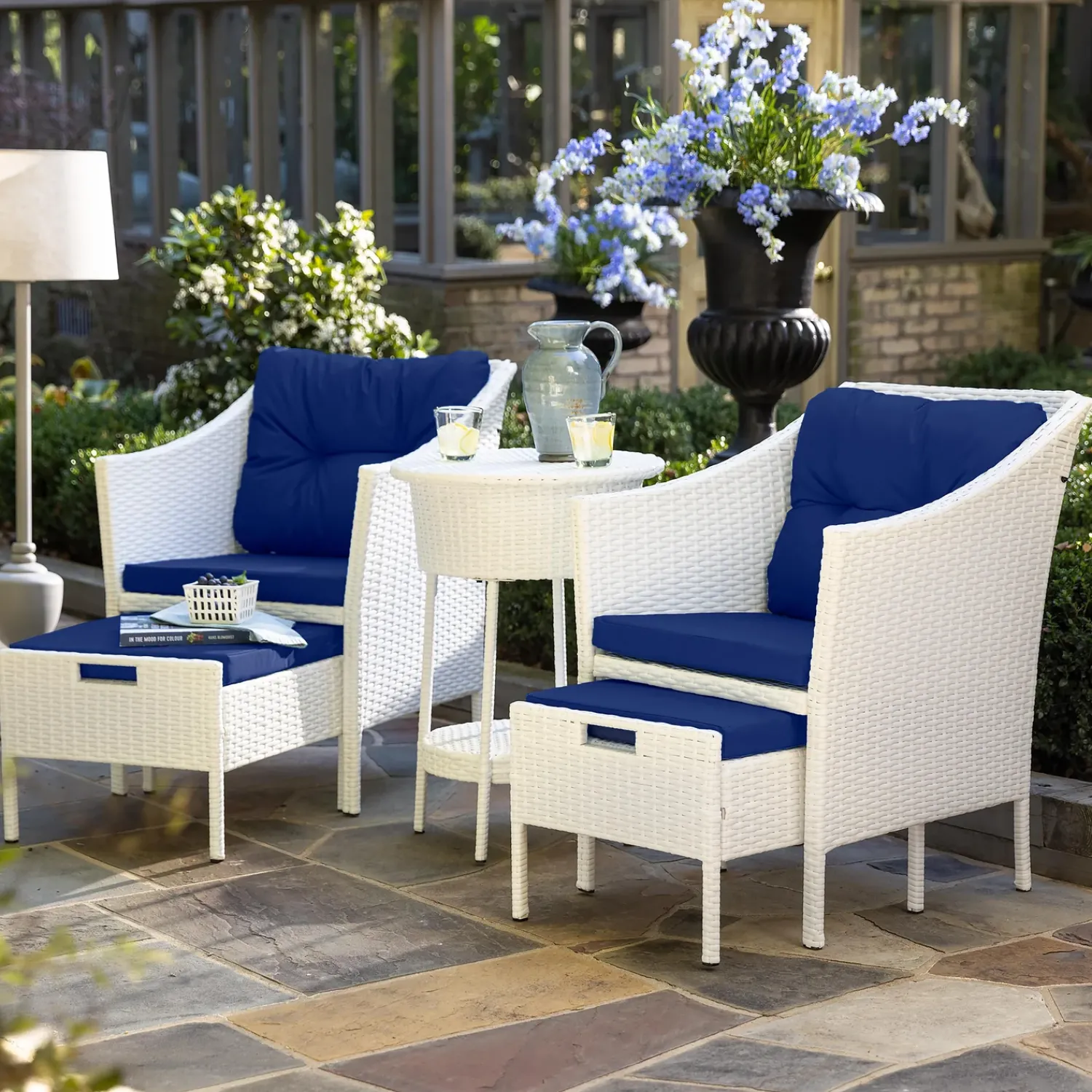 Plow & Hearth Outdoor Seating Sets>Harbor Moon Chat Set with Hideaway Ottomans and Cooler Table White