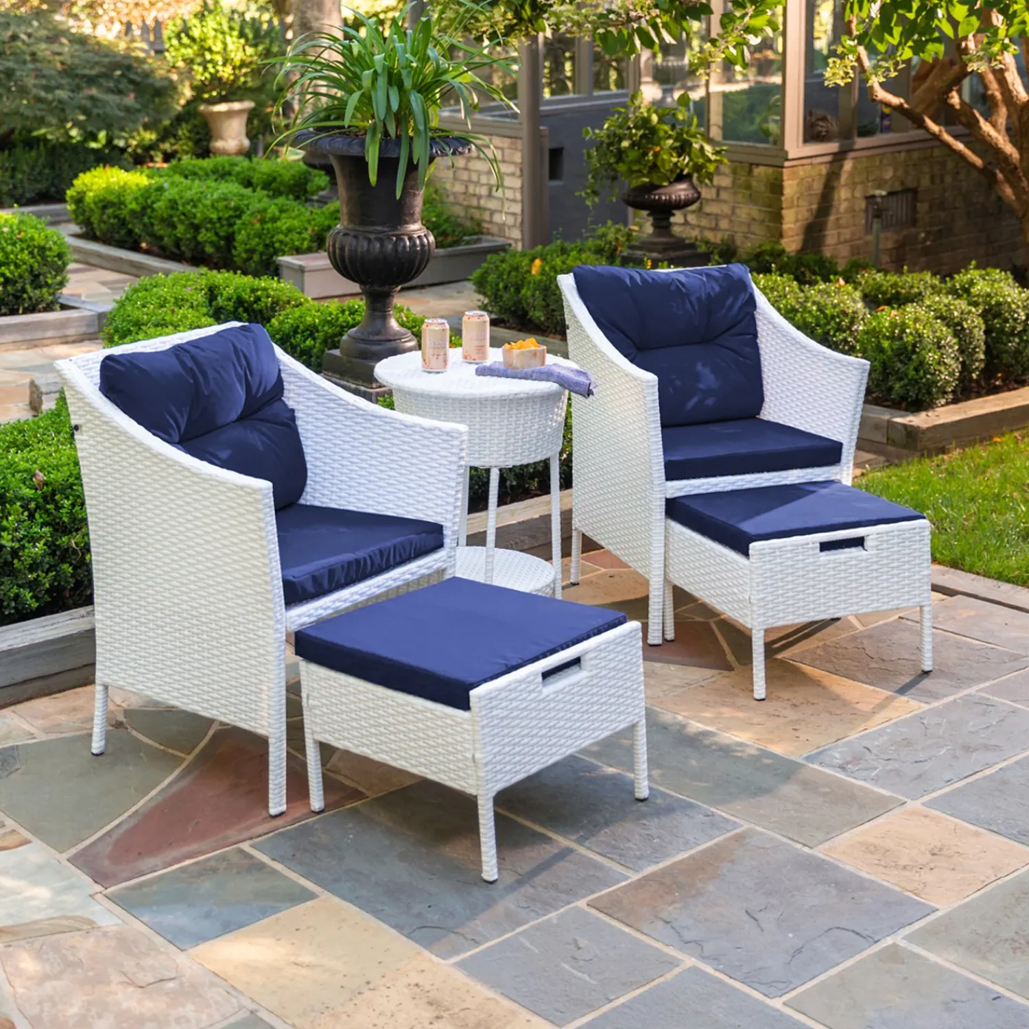 Plow & Hearth Outdoor Seating Sets>Harbor Moon Chat Set with Hideaway Ottomans and Cooler Table White