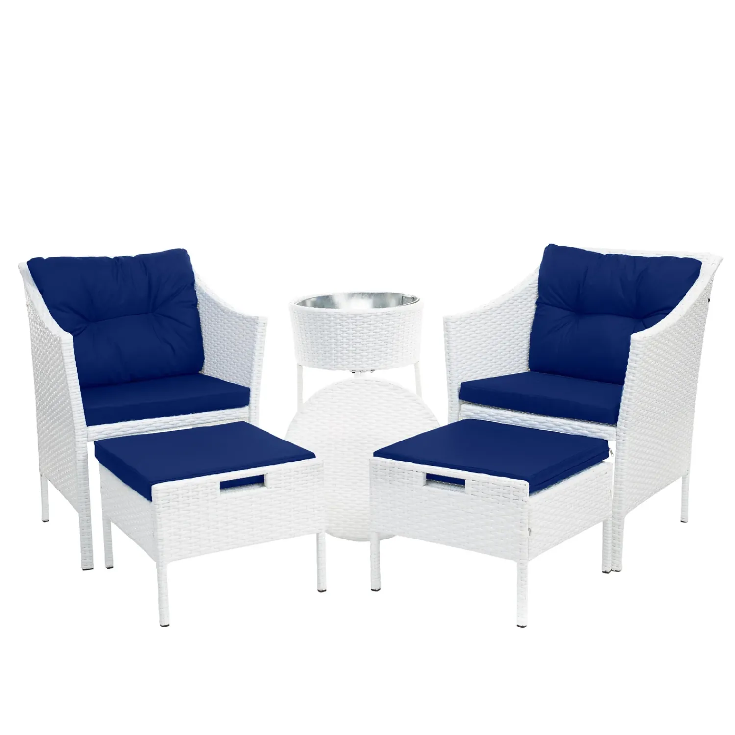 Plow & Hearth Outdoor Seating Sets>Harbor Moon Chat Set with Hideaway Ottomans and Cooler Table White