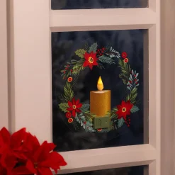 Plow & Hearth Fabric Door Hangers>Holiday Poinsettia LED Hanging Décor Wreath with Flickering Light Window Decal, 10"H