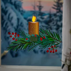 Plow & Hearth Fabric Door Hangers>Holiday Poinsettia LED Hanging Décor Candle with Greenery Flickering Light Window Decal, 12.5"L