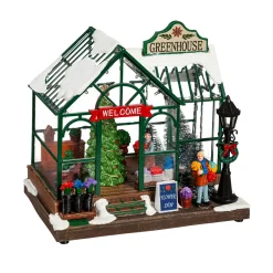 Plow & Hearth Decorative Accents>Holiday Poinsettia LED Table Decor Resin Greenhouse with Rotating Tree and Music, 8"