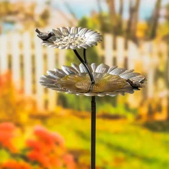 Plow & Hearth Birdbaths>2-in-1 Sunflower Metal Birdbath and Feeder with Mounting Attachment and Stake, 48"H