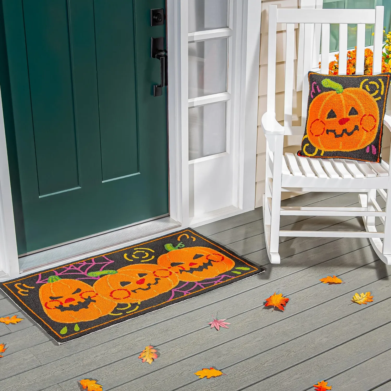 Plow & Hearth Hooked Rugs>Indoor/Outdoor Jack O'Lantern Pumpkin Hooked Polypropylene Accent Rug 24"x42"
